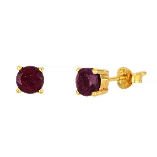 925 Sterling Silver earrings gold plated with round Ruby 5mm