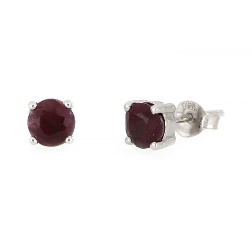 925 Sterling Silver earrings rhodium plated with round Ruby 5mm