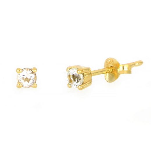 925 Sterling Silver earrings gold plated with round White Topaz 3mm