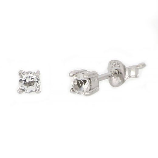 925 Sterling Silver earrings rhodium plated with round White Topaz 3mm