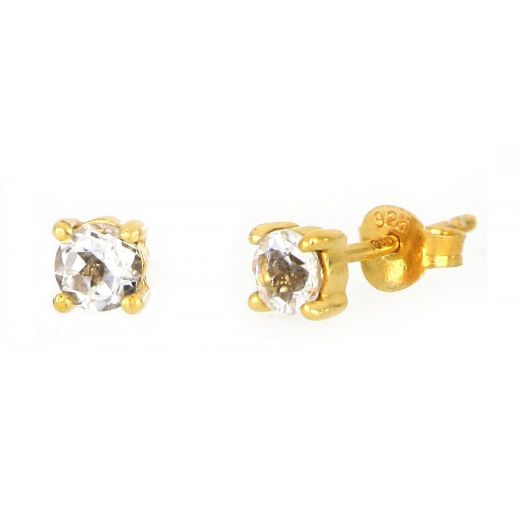 925 Sterling Silver earrings gold plated with round White Topaz 4mm