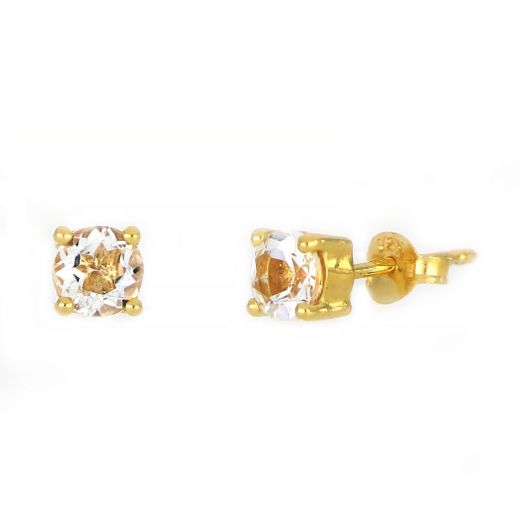 925 Sterling Silver earrings gold plated with round White Topaz 5mm