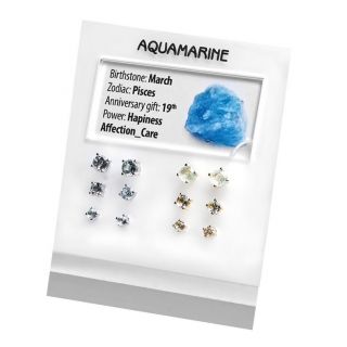 925 Sterling Silver earrings rhodium plated with round Aquamarine 4mm - 