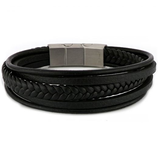 Men's steel bracelet with various black leathers BR22157-11