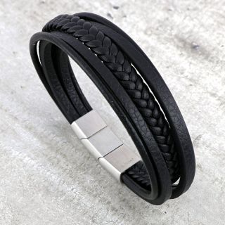 Men's steel bracelet with various black leathers BR22157-11 - 