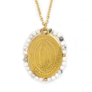 Double Necklace made of gold plated stainless steel with Virgin Mary and white stones. - 