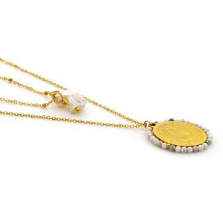 Double Necklace made of gold plated stainless steel with Virgin Mary and white stones. - 