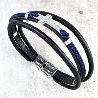 Bracelet made of leather with blue cord and cross - 